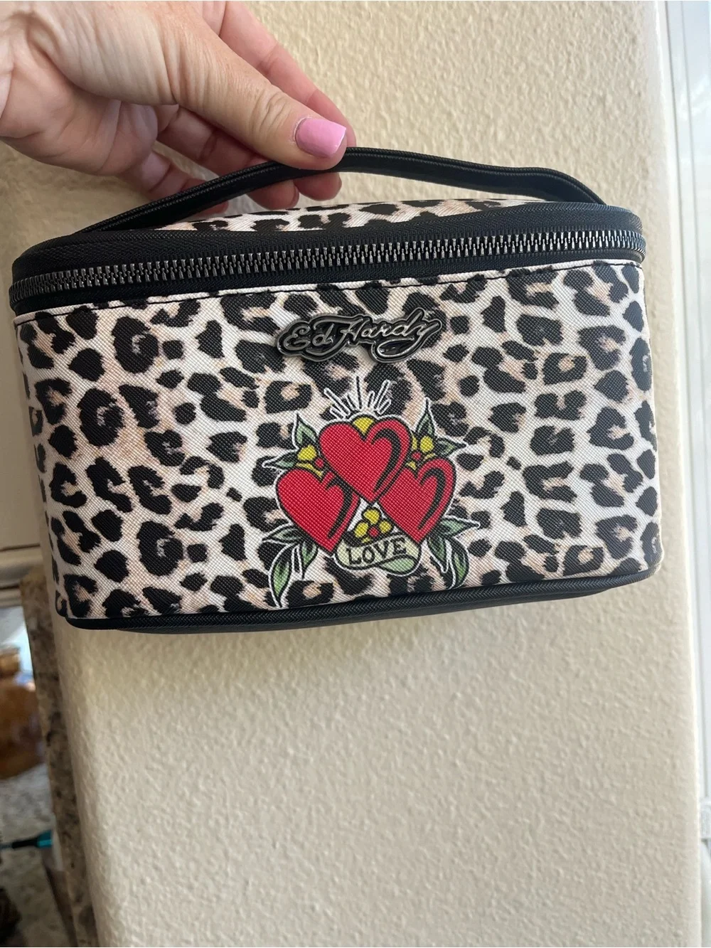 Ed Hardy 4 Piece Cosmetic Bag Set Leopard Red Heart Tattoo Skull